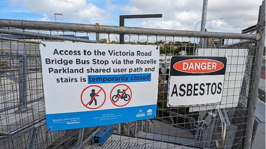 Image of closure signs at Rozelle Parklands, Sydney, due to asbestos contamination, 21 February 2024, by Jpatokal from Wikipedia Commons, free to use under CC BY-SA 4.0 DEED licence 