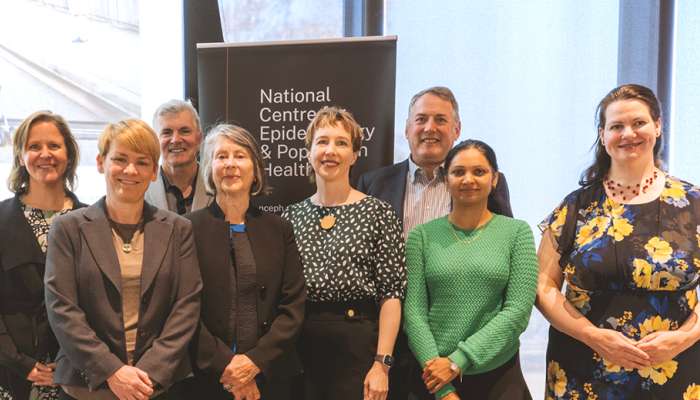 Image: Back L-R: Associate Professor Amy Dawel, Professor Mark Howden (Director, ANU Institute for Climate, Energy & Disaster Solutions), Professor Russell Gruen (Dean, ANU College of Health and Medicine). Front L-R: Dr Zoe Leviston (2022 recipient of The McMichael Award), Associate Professor Judith Healy, Professor Hilary Bambrick (Director, National Centre for Epidemiology and Population Health), Associate Professor Aparna Lal (Director of The McMichael Award), Dr Annabel Dulhunty. Photo by ANU.